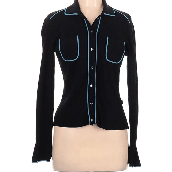 BCBGMaxAzria Tops - BCBGMAXAZRIA VINTAGE Y2K 90's/00's Black With Blue Piping Button-Up Cardigan EUC